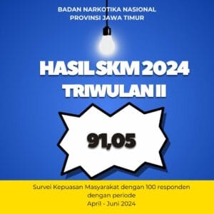 Hasil survei Kepuasan Masyarakat BNNP Jawa Timur dengan 100 responden dan 8 unsur pertanyaan di dapat nilai 91,05 dengan kategori Sangat Baik.