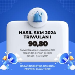 Hasil survei kepuasan masyarakat BNNP Jawa Timur dengan 100 responden dan 8 unsur pertanyaan di dapat nilai 90,80 dengan kategori Sangat Baik.