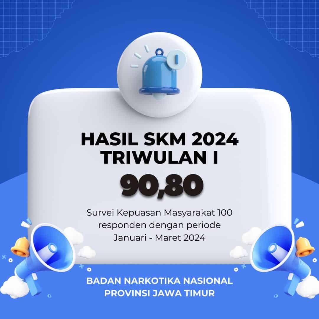 Hasil survei kepuasan masyarakat BNNP Jawa Timur dengan 100 responden dan 8 unsur pertanyaan di dapat nilai 90,80 dengan kategori Sangat Baik. Hasil survei kepuasan masyarakat BNNP Jawa Timur dengan 100 responden dan 8 unsur pertanyaan di dapat nilai 90,80 dengan kategori Sangat Baik.